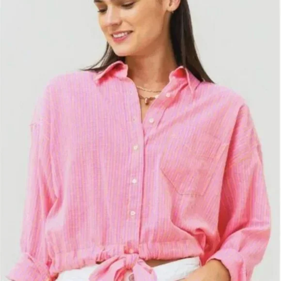 Xirena Women's Kytt Barbiecore Striped 100% Cotton Button-down Front Tie Medium - Picture 10 of 10